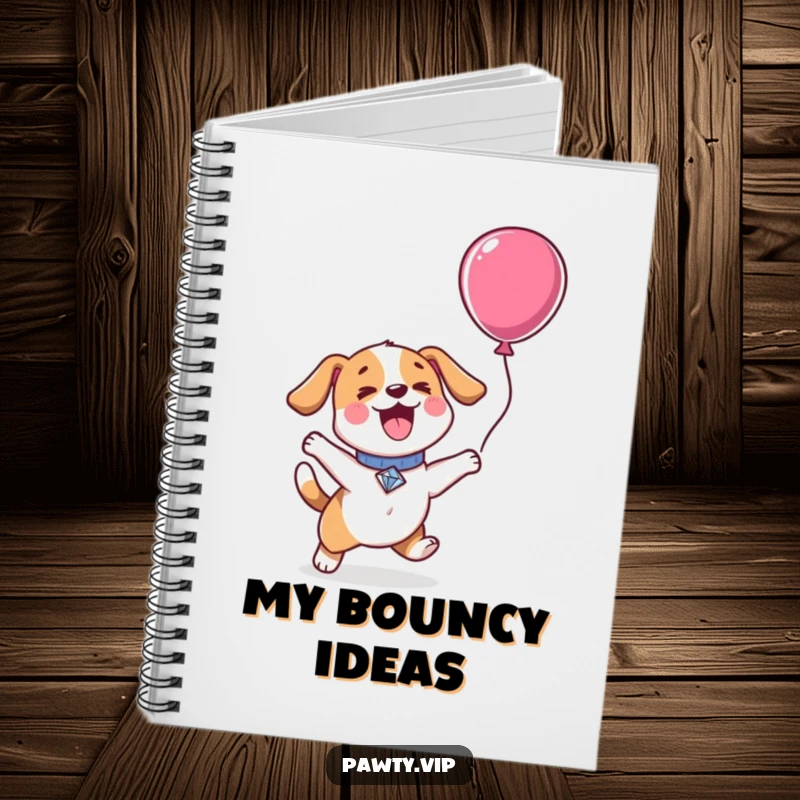 Funny Kawaii dog character with a diamond collar, jumping excitedly for a balloon, printed on the cover of a delightful notebook.