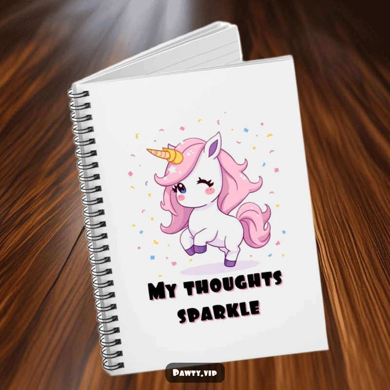 Funny Kawaii unicorn notebook with a shimmering mane dancing across the cover amidst vibrant confetti, symbolizing magical thoughts and creativity.