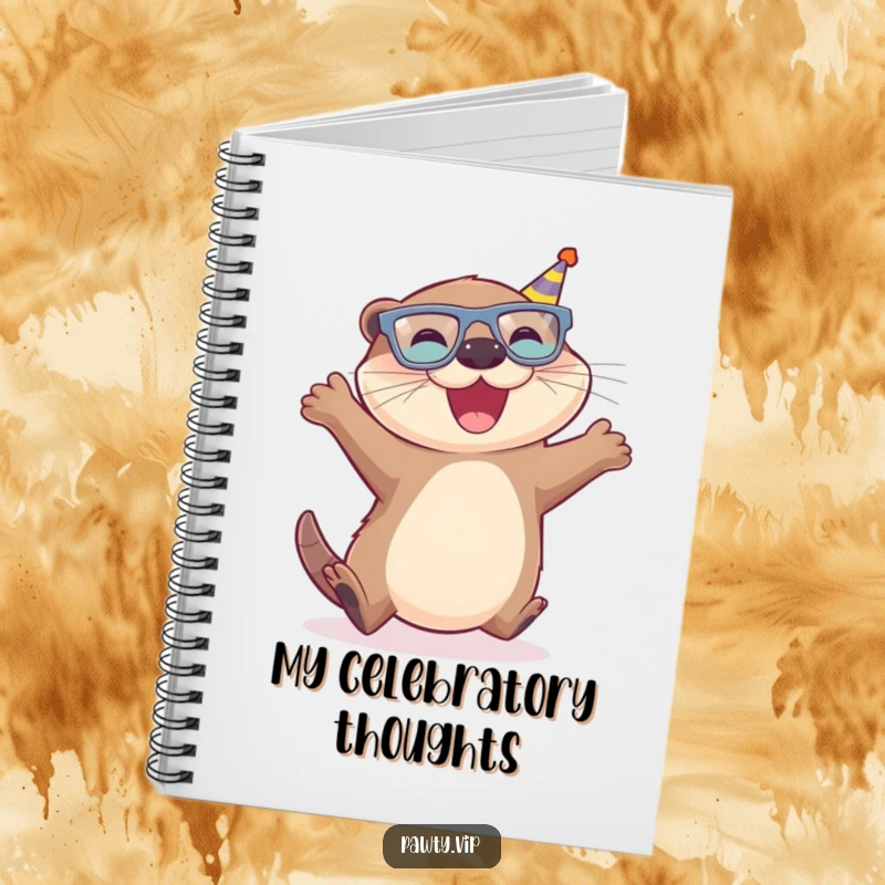 Funny Otter Notebook featuring a joyful otter wearing tiny party glasses, caught mid-leap with excitement.
