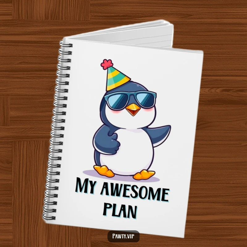 Funny kawaii penguin character giving a thumbs up while wearing a party hat and sunglasses, gracing a notebook for humorous note-taking.