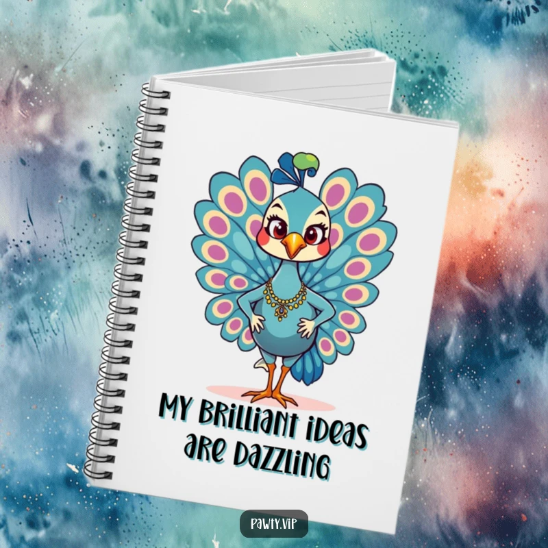 Funny Notebook with a glamorous peacock character strutting proudly on the cover, inspiring confidence and creativity.