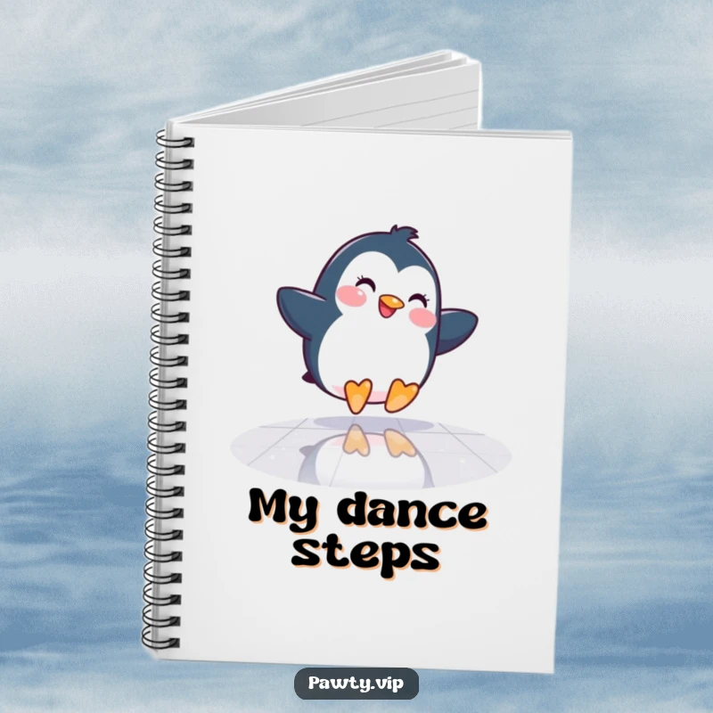 Funny Penguin Notebook: A happy penguin slides across a mirrored dance floor, ideal for jotting down dance plans and funny ideas.
