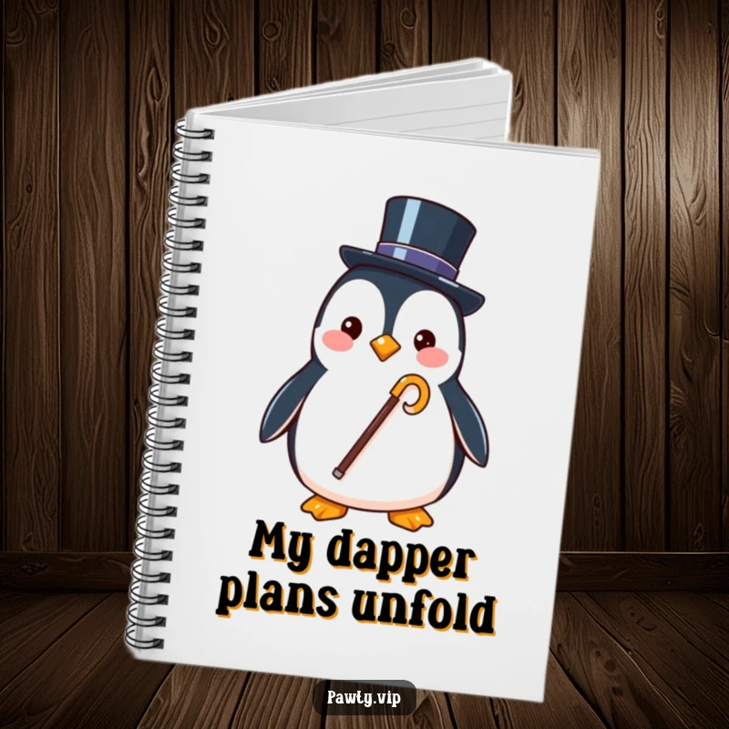 Funny notebook cover featuring a stylish penguin character holding a tiny top hat and cane, perfect for note-taking.