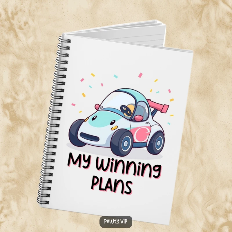 Funny race car notebook with confetti streamers, perfect for notes and planning with a festive flair.