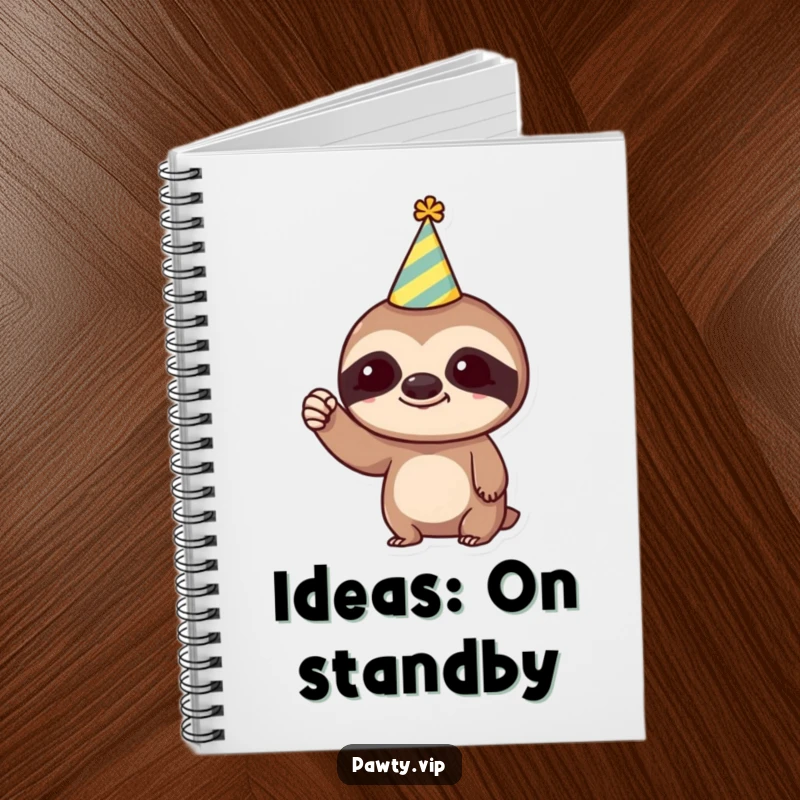 Funny Notebook: Trendy sloth in a party hat, humorously raising a tiny fist, perfect for jotting down thoughts with a slow-motion twist.