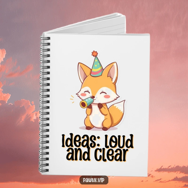 Funny fox blowing a noisemaker on a notebook cover, perfect for capturing funny thoughts and creative ideas.