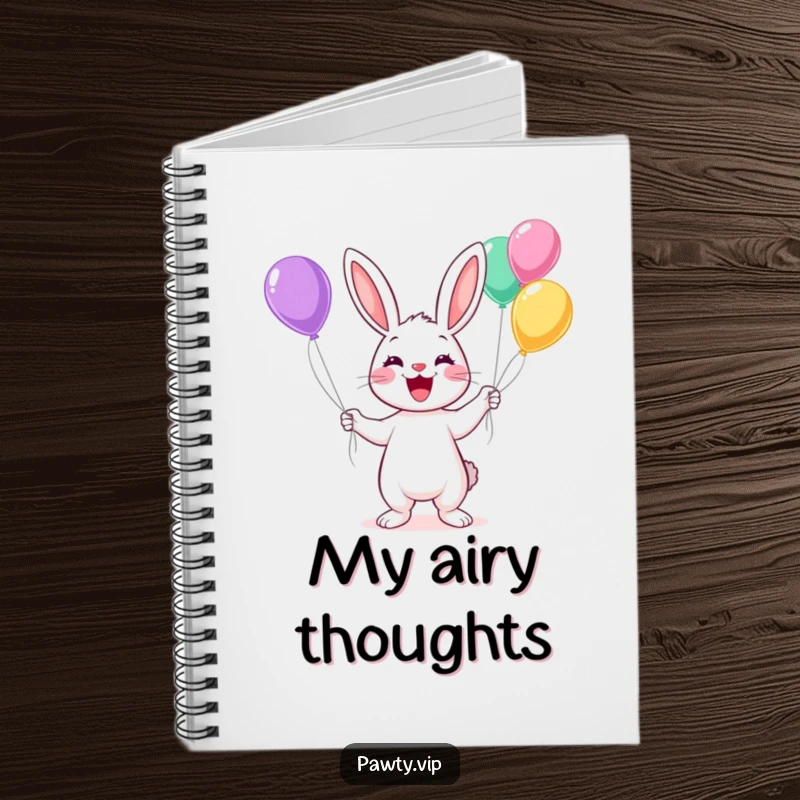 Funny Kawaii rabbit juggling colorful balloons on a notebook, perfect for writing and planning.
