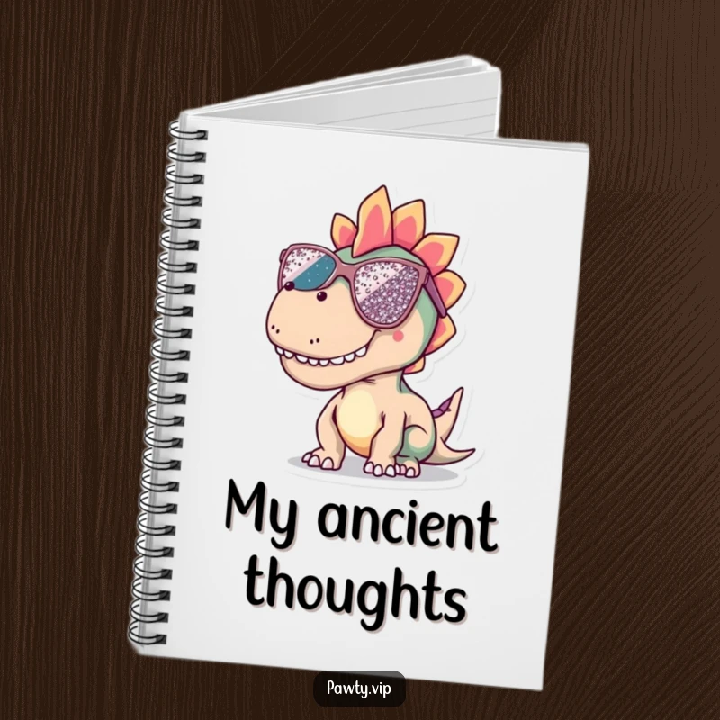 Funny dinosaur notebook with oversized, sequined sunglasses, perfect for notes and creative brainstorming.
