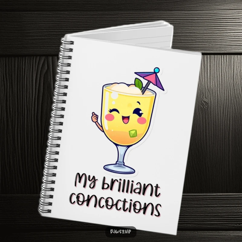 Funny happy cocktail drink character notebook winking with a tiny umbrella, perfect for planning and note-taking.