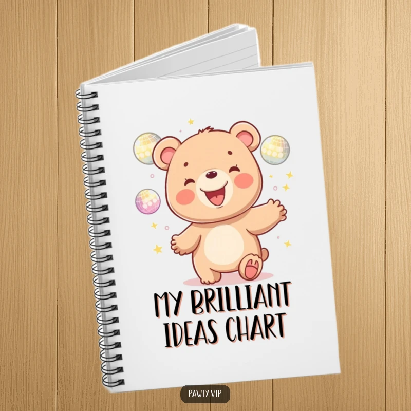 Funny kawaii bear character grinning while juggling disco balls, gracing a notebook cover for humorous and inspiring note-taking.