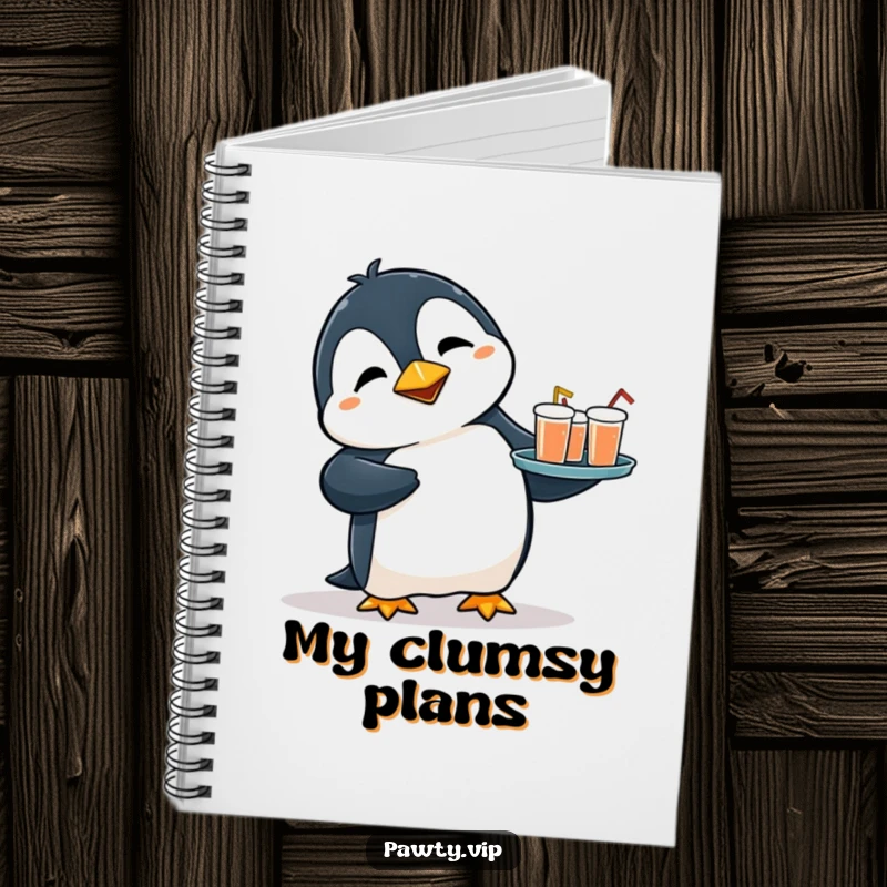 Funny notebook with a flustered penguin tripping while holding a tray of drinks, perfect for capturing ideas with a humorous, clumsy flair.