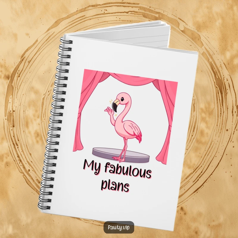 Funny Kawaii flamingo character in a dramatic pose on a notebook, perfect for capturing diva-worthy ideas.