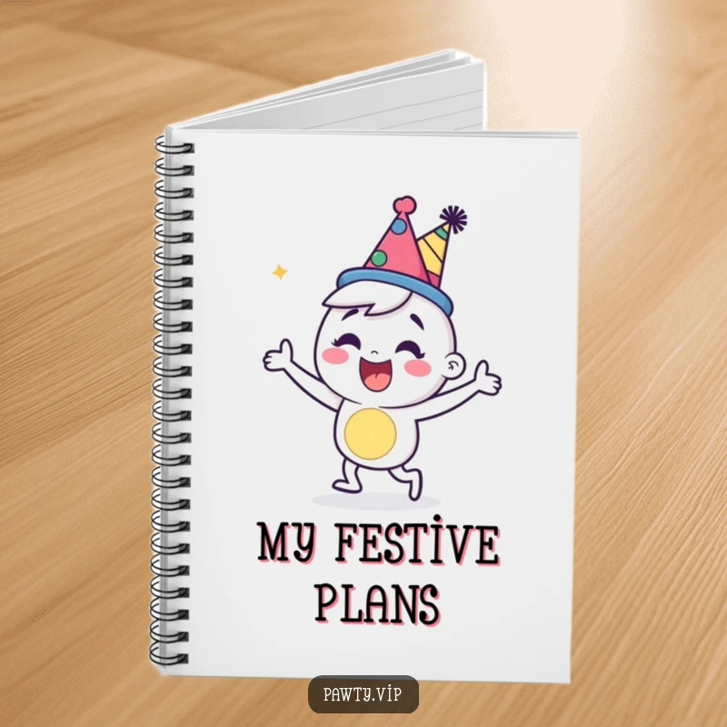 Happy cartoon character wearing a party hat, dancing energetically on a fun notebook cover.
