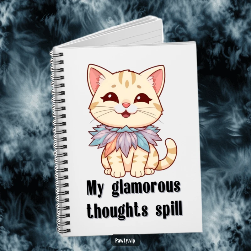 Funny notebook cover featuring a giggling cat character with a tiny, flamboyant feather boa necklace, ready for note-taking.