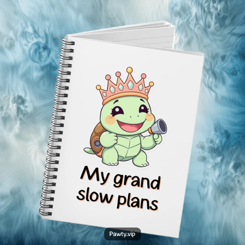Funny giggling turtle wearing a glittery crown and holding a noisemaker, on a notebook cover, perfect funny gift.