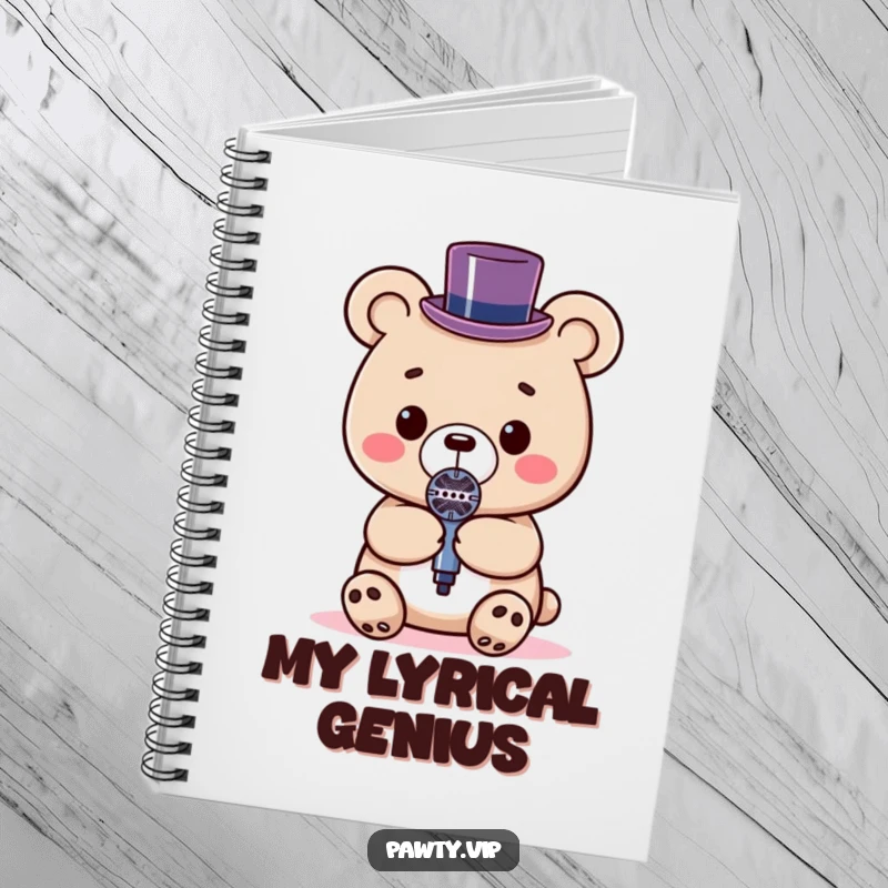 Funny Kawaii bear wearing a tiny top hat, holding a microphone on a notebook, perfect for writing lyrics.