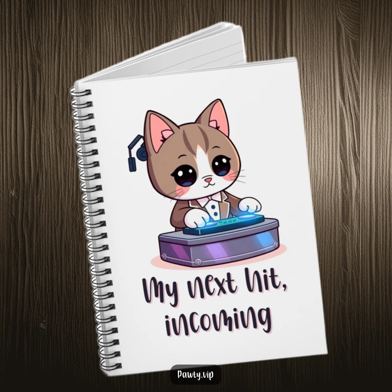 Funny Kawaii tuxedo cat character DJing on a notebook cover, ideal for jotting down music-inspired ideas.