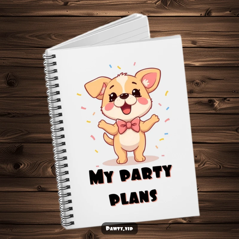 Funny Dog Notebook with a bowtie-wearing dog dancing with confetti, inspiring party planning and fun note-taking.