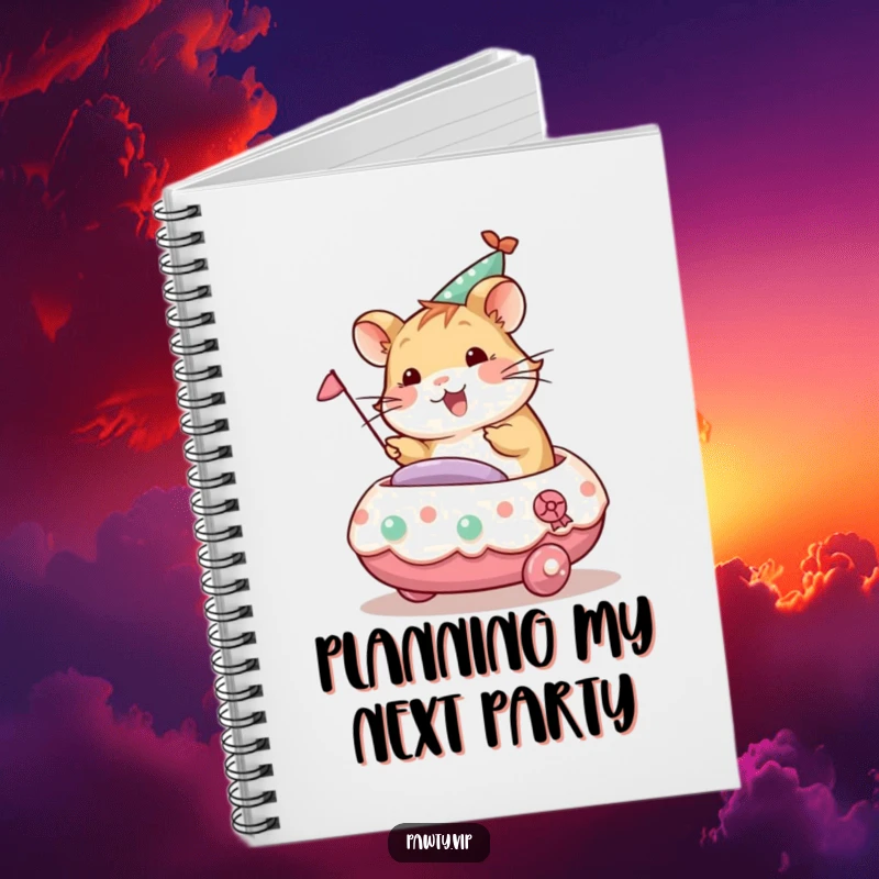 Funny hamster character riding a decorated party float, featured on this humorous and celebratory notebook cover.