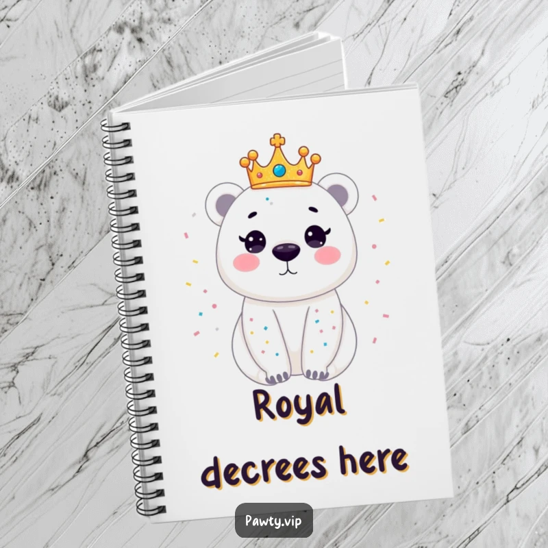 Funny notebook with a dazzling polar bear wearing a crown, sparkling with confetti, perfect for jotting down ideas with regal humor.