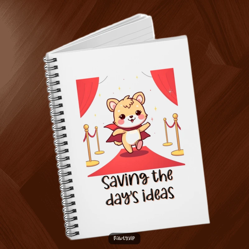 Funny notebook with a cheerful animal in a sparkly cape, dashing across a red carpet, ready for notes.