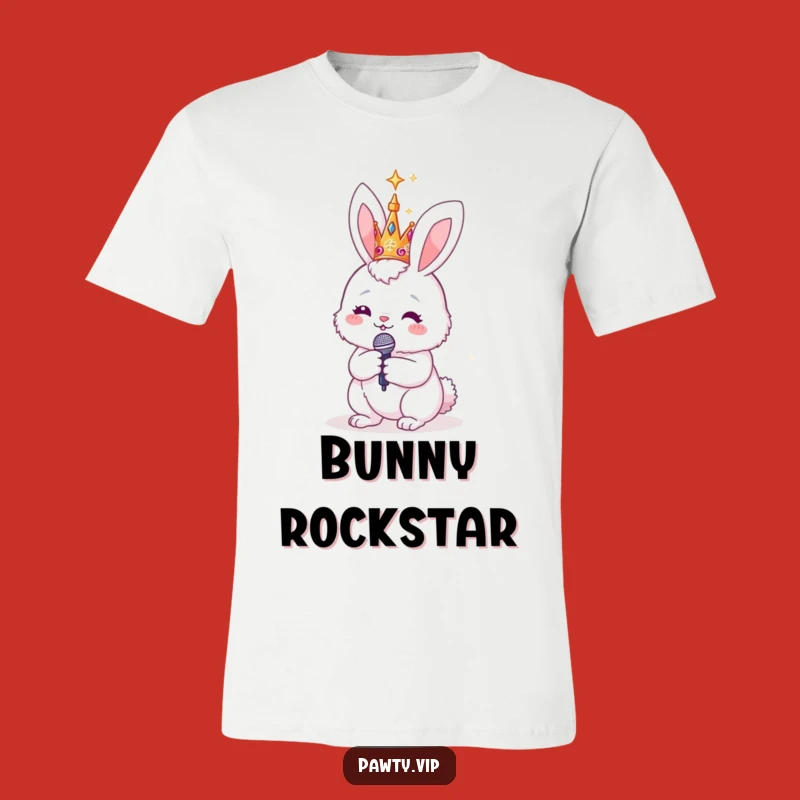 Funny Bunny Rockstar T-Shirt: Sparkly Crown & Mic Performance Tee