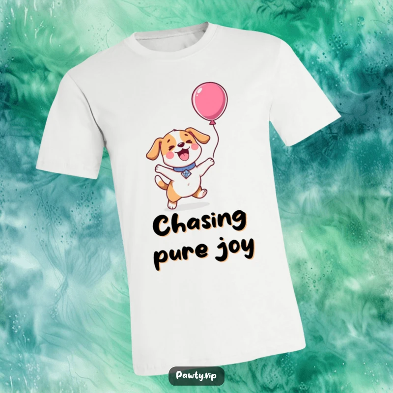 Funny Kawaii dog wearing a diamond collar, jumping excitedly for a balloon, printed on a fun and stylish t-shirt.