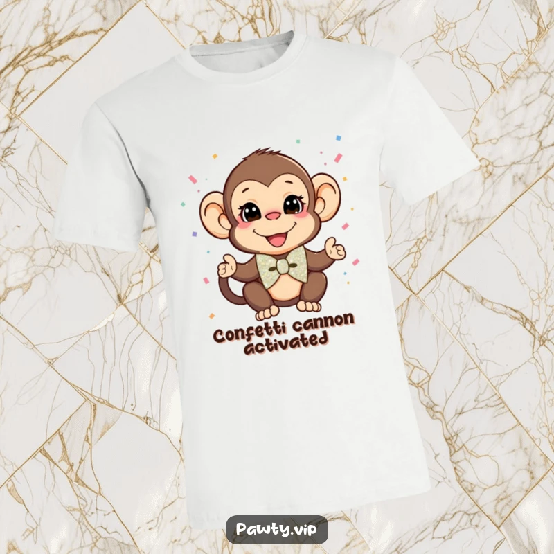 Funny Monkey T-Shirt: A stylish monkey in a glittery bow tie exuberantly throws confetti, making a hilarious statement.