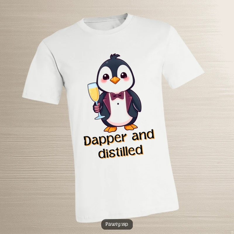 Funny penguin t-shirt, a penguin wearing a miniature tuxedo and holding a champagne glass, looking elegant.