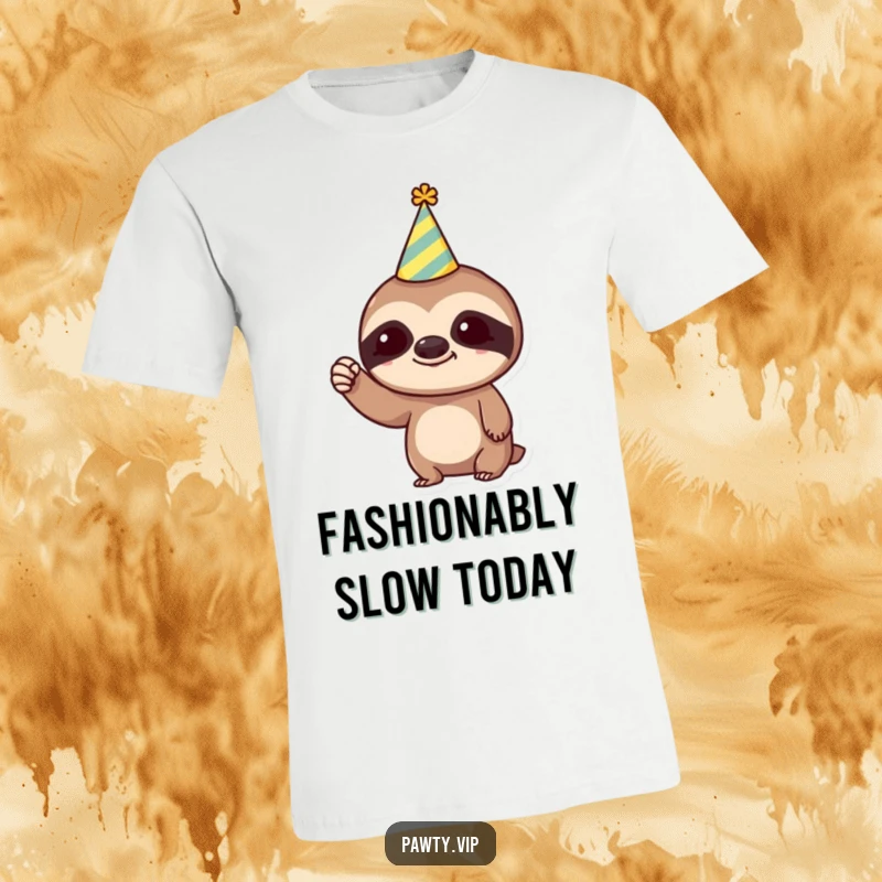 Funny T-Shirt: Trendy sloth wearing a tiny party hat, triumphantly raises a small fist, perfect for those who celebrate life at their own pace.