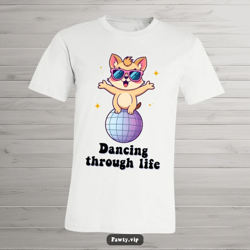 Funny t-shirt depicting an animal character with huge sunglasses, energetically dancing on a shiny disco ball.