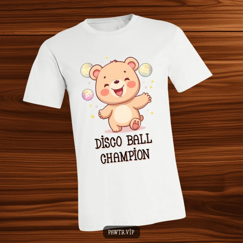 Funny kawaii bear character grinning while juggling multiple glittering disco balls, a humorous and eye-catching graphic tee design.