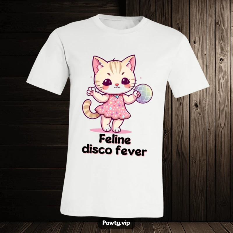 Funny cat character in a sparkly sequined dress dancing with a disco ball on a t-shirt, exuding feline fabulousness.