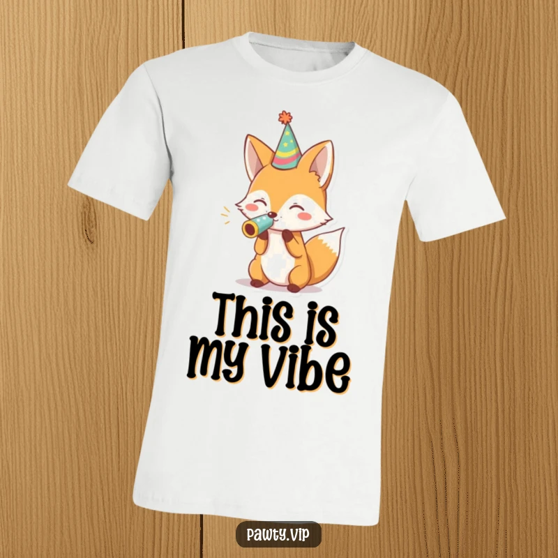 Funny fox in a party hat blowing a noisemaker on a t-shirt, embodying pure, unadulterated celebratory humor.