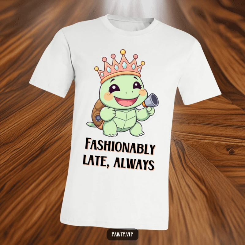 Funny giggling turtle wearing a glittery crown and holding a noisemaker, printed on a t-shirt, great funny gift.