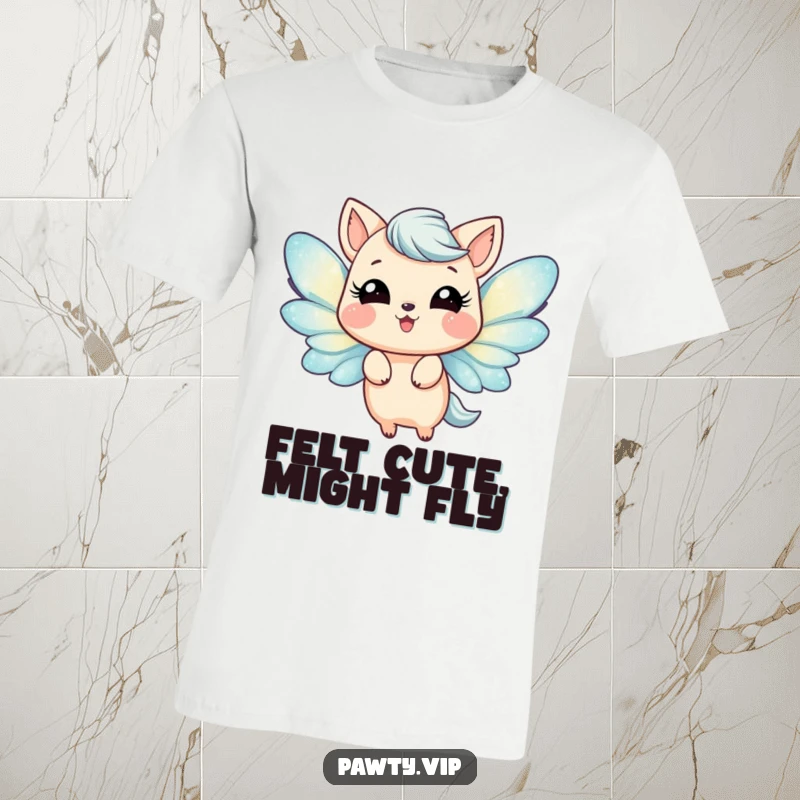 Funny T-Shirt featuring a charming animal with iridescent glittery wings, captured in a joyful fluttering motion. Expressing lightness and happiness.