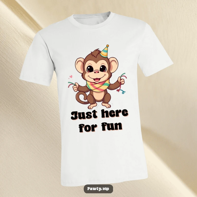 Funny mischievous monkey wearing a colorful party streamer as a scarf on a t-shirt, perfect for a funny gift.