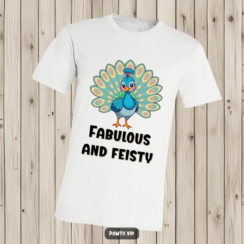 Funny peacock animal proudly fanning out its spectacular tail feathers, printed on a t-shirt.