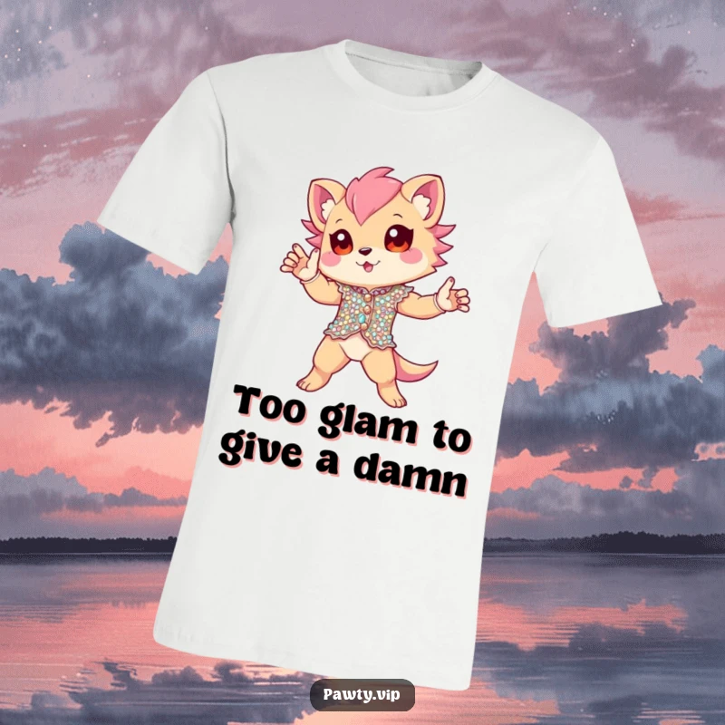 Funny T-Shirt of a creature adorned in a sparkling sequined outfit, striking a confident and dramatic pose. Celebrating flair and theatricality with humor.