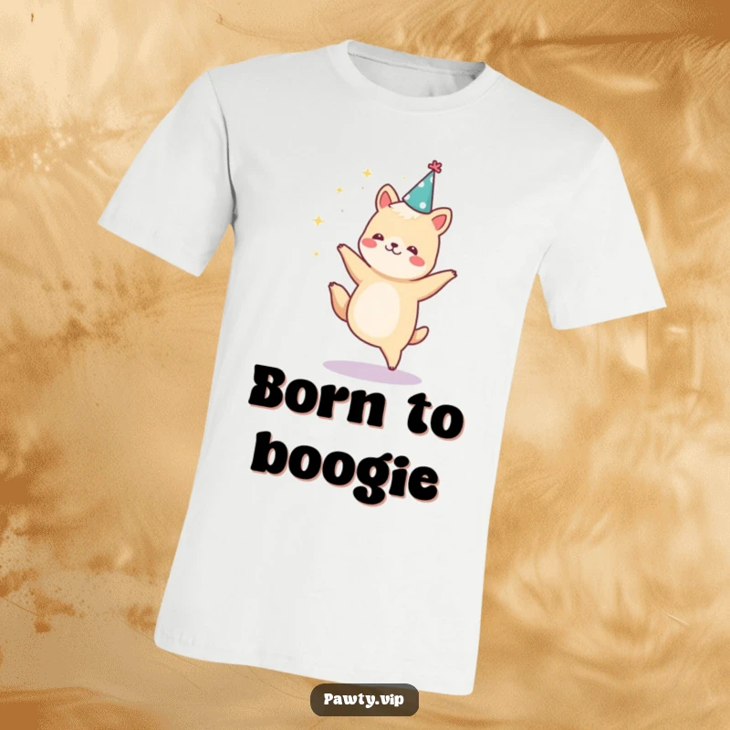 Funny animal character dancing joyfully with sparkles flying and wearing a tiny party hat on a t-shirt.