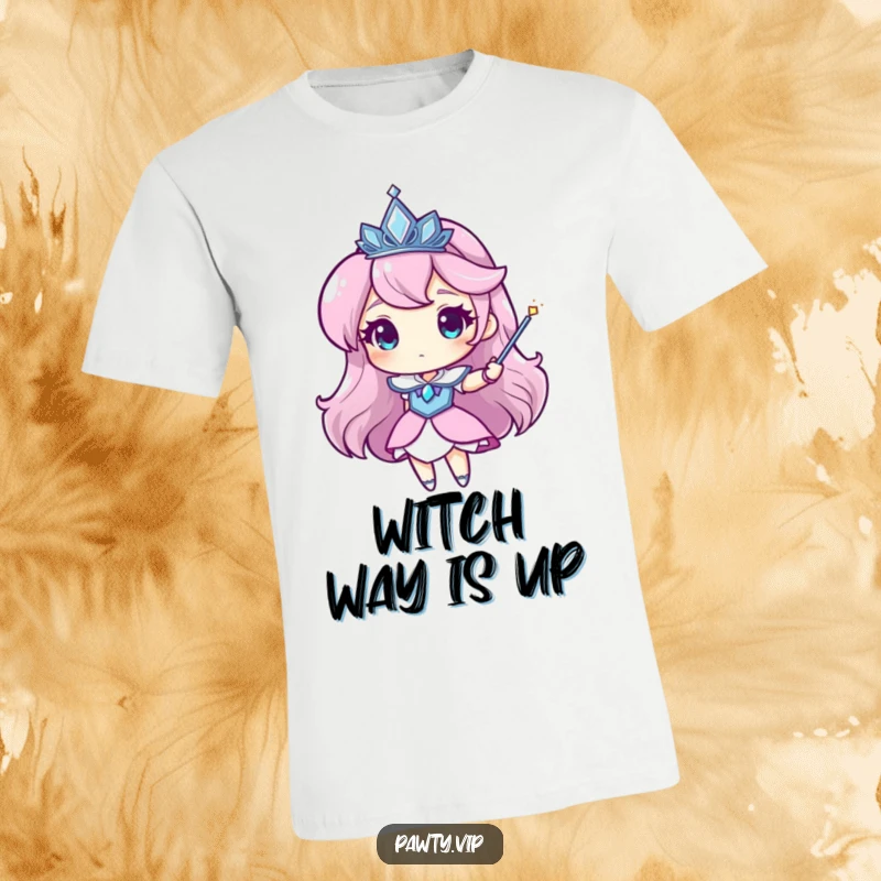 Funny tiara t-shirt featuring a character wearing a sparkling tiara and waving a magic wand, perfect for magical outings.