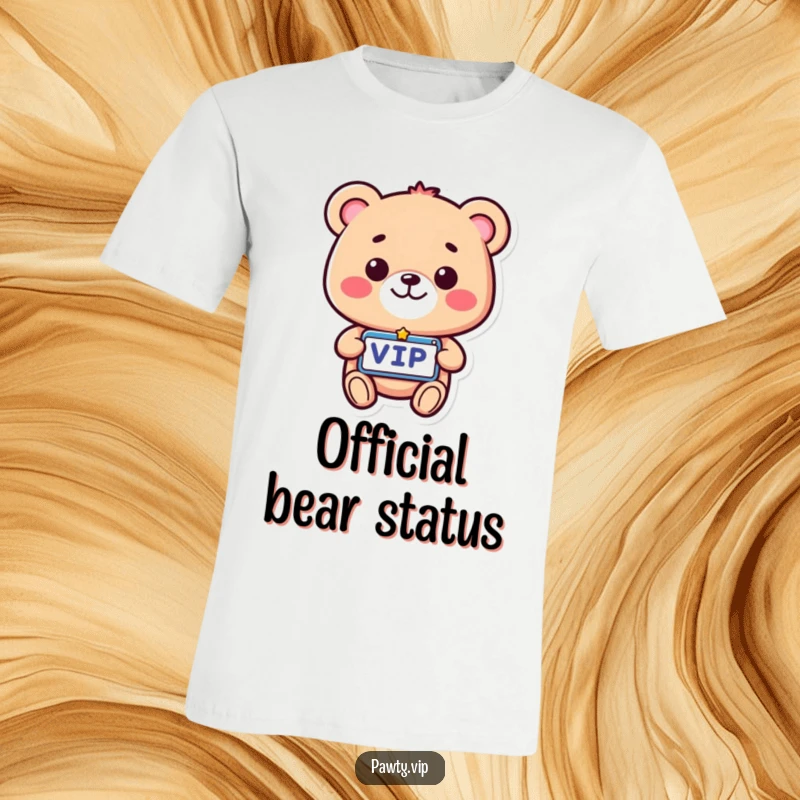 Funny VIP Bear T-Shirt showcasing a beaming bear with a VIP pass, exuding confidence and humor, a great gift.