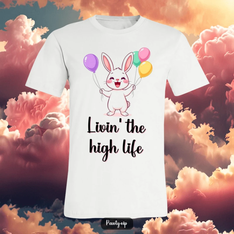 Funny Kawaii rabbit juggling colorful balloons with a wide grin on a t-shirt, perfect for parties.