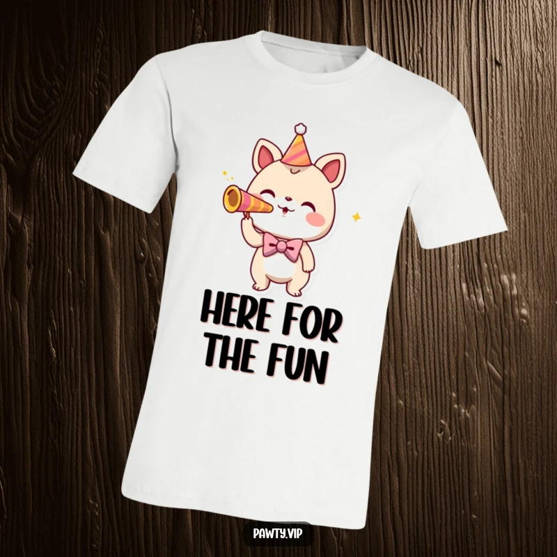Funny t-shirt featuring a playful creature adorned with a bowtie, joyfully blowing a vibrant party horn.