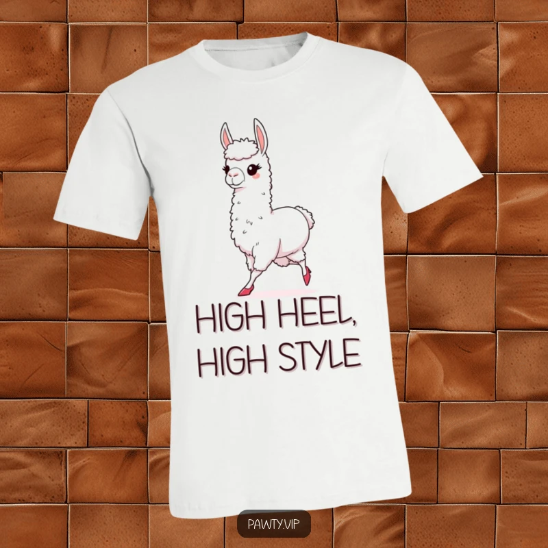 Funny t-shirt featuring a chic llama confidently strutting in miniature high heels, exuding high fashion and undeniable sass.