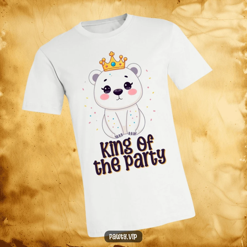Funny t-shirt featuring a dazzling polar bear wearing a miniature crown, playfully sparkling with confetti, exuding pure celebratory joy.