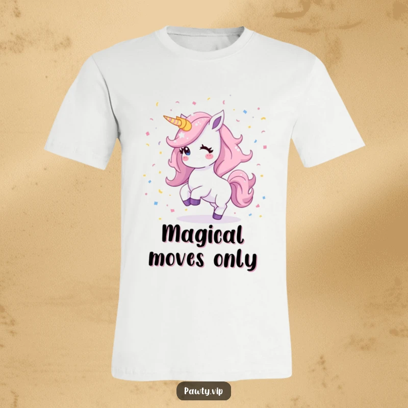 Funny Kawaii unicorn t-shirt featuring a shimmering mane dancing amidst vibrant confetti, expressing playful joy and festive spirit.