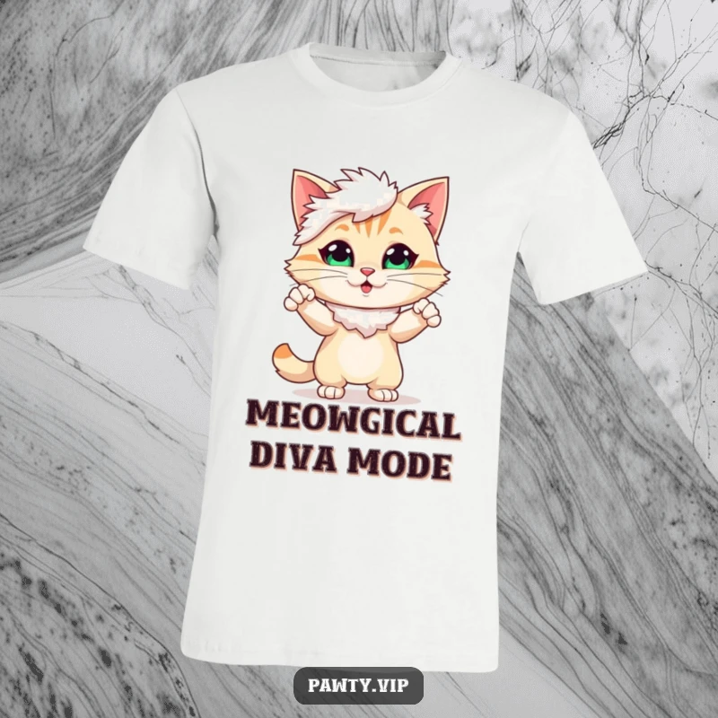 Funny T-Shirt featuring a cute cat character in a vibrant feather boa, striking a dramatic and confident pose.