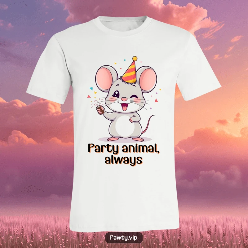 Funny mouse t-shirt, a happy mouse character exploding a party popper with colorful confetti.