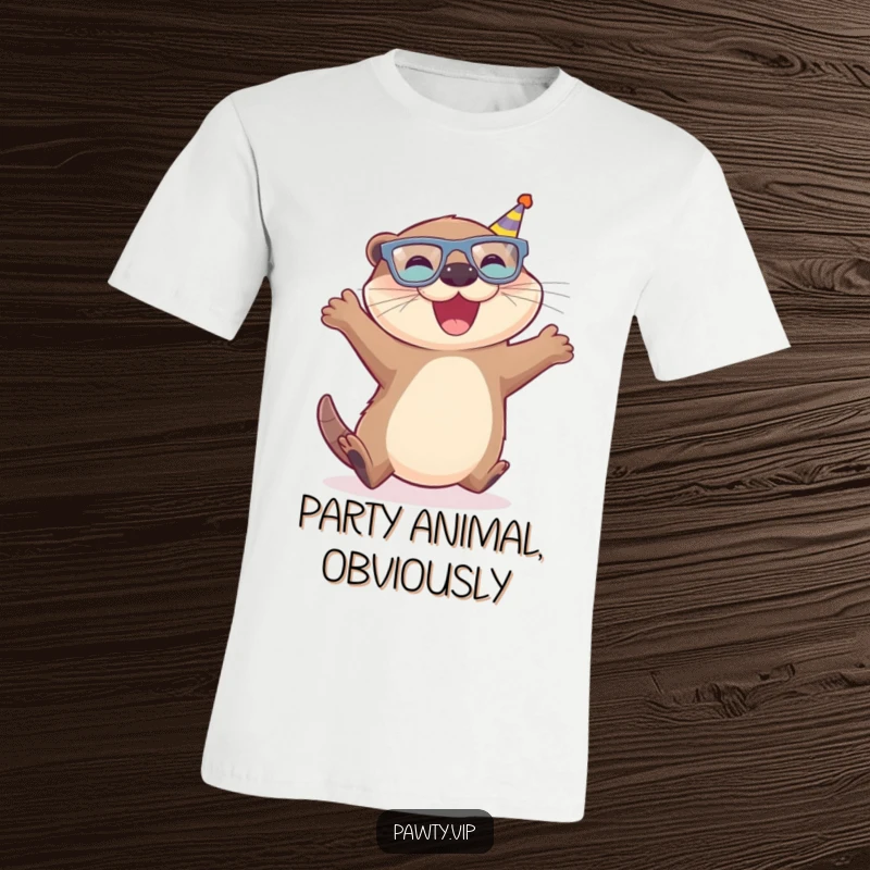 Funny Otter T-Shirt depicting a joyful otter wearing small party glasses, caught mid-leap with excitement.